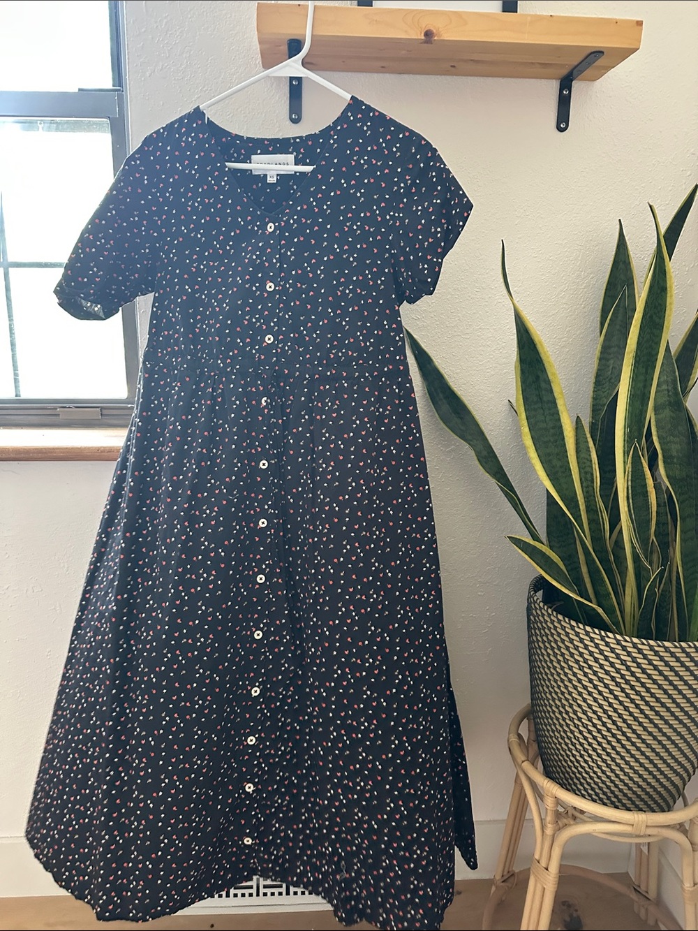 Tradlands Black Button-Front Midi Dress with Red & White Speckle Print